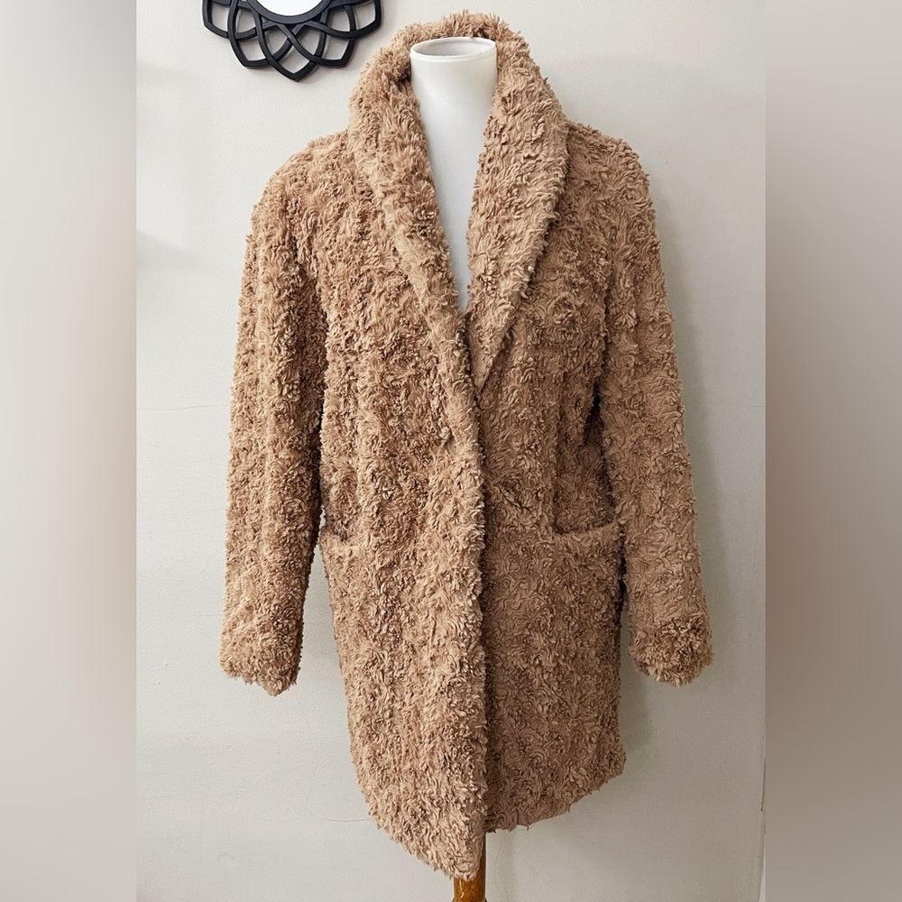 Philosophy 1 Button Tan Teddy Jacket Coat Chic Cozy Winter Furry